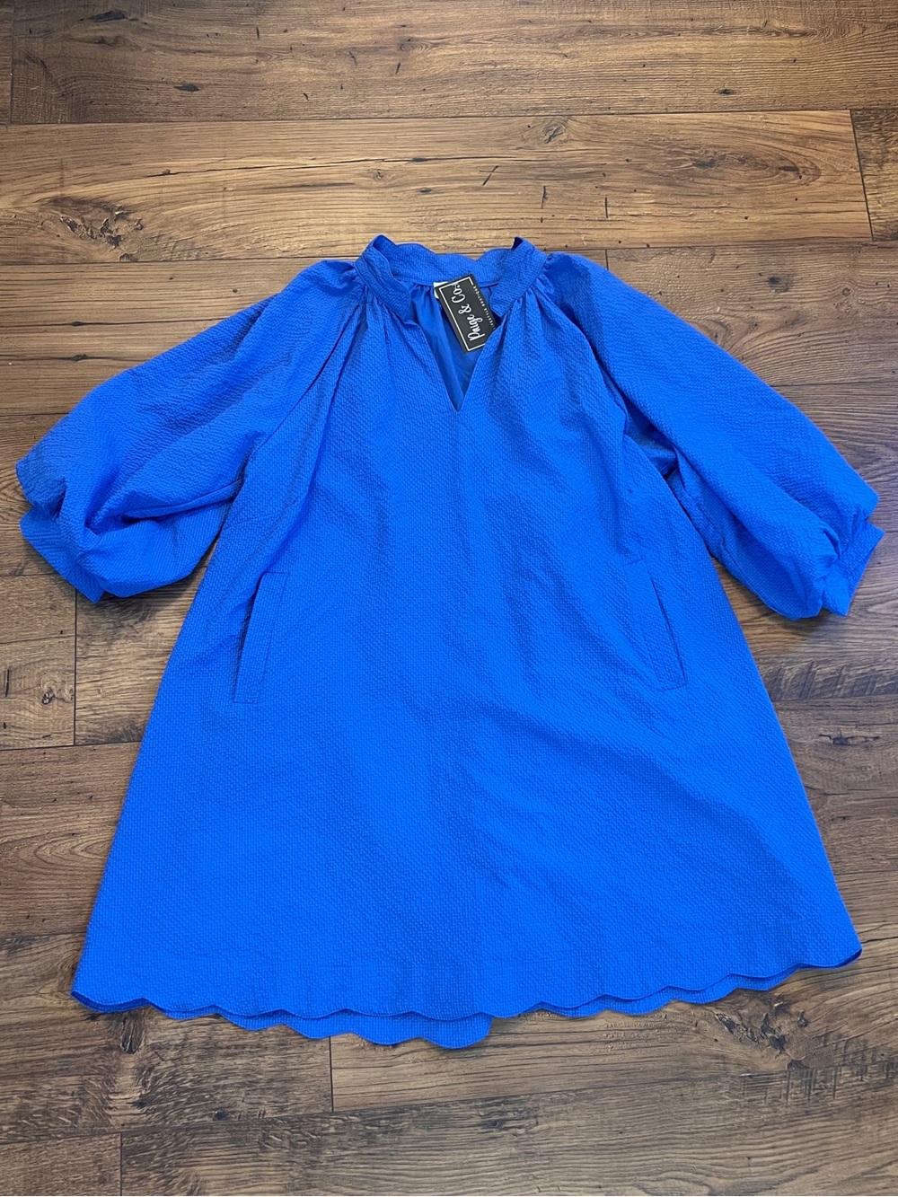 Cobalt Blue Puff Sleeve Scallop Hem Dress